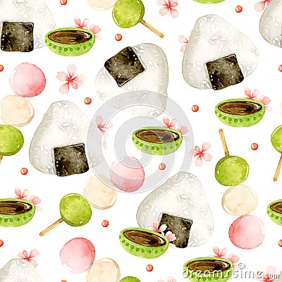 Japanese food, onigiri, hanami dango and sakura watercolor seamless pattern Vector Illustration