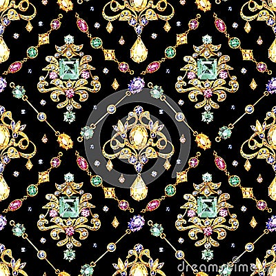 Watercolor seamless pattern. Jewelry elements, diamonds, multi-colored crystals, gold chains. Stock Photo