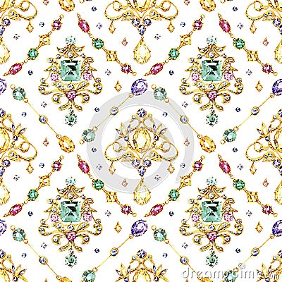 Watercolor seamless pattern. Jewelry elements, diamonds, multi-colored crystals, gold chains. Stock Photo