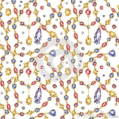 Watercolor seamless pattern. Jewelry elements, diamonds, multi-colored crystals, gold chains. Stock Photo