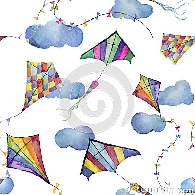 Watercolor seamless pattern with kites and clouds. Hand drawn vintage kite with retro design. Illustrations isolated on white back Stock Photo