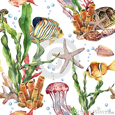 Watercolor seamless pattern with laminaria branch, coral reef and sea animals. Hand painted jellyfish, starfish Cartoon Illustration