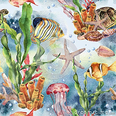 Watercolor seamless pattern with laminaria branch, coral reef and sea animals. Hand painted jellyfish, starfish Cartoon Illustration