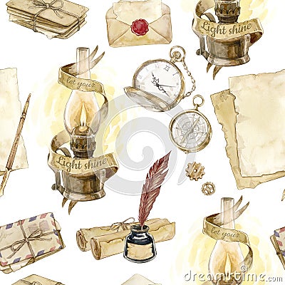 Watercolor seamless pattern: lantern, letters, inkwell, watch, compass, old paper and scrolls on a white background. Cartoon Illustration