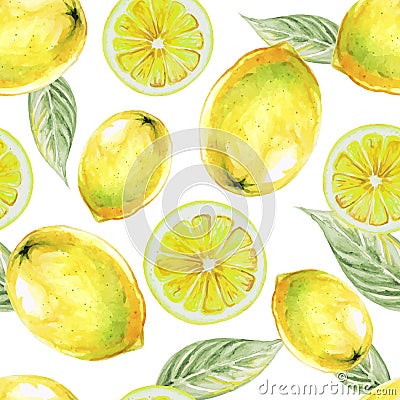 Watercolor seamless pattern of lemon fruit. Vector Illustration