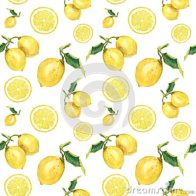 Watercolor seamless pattern with lemons. Hand painted citrus ornament on white background for design, fabric or print. Stock Photo