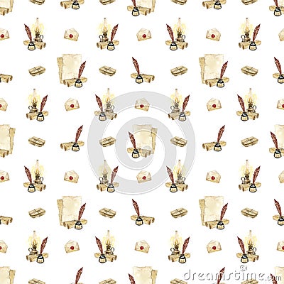 Watercolor seamless pattern: letters, feather pen and inkwell, old paper and scrolls on a white background. Cartoon Illustration