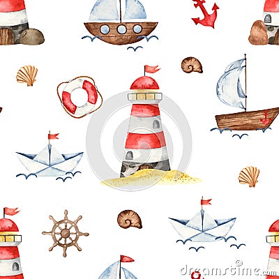 Watercolor seamless pattern with a lighthouse, anchor, helm, ships Stock Photo