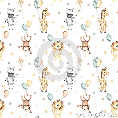 Watercolor seamless pattern with lion, zebra, giraffe, monkey on balloons on white background Stock Photo