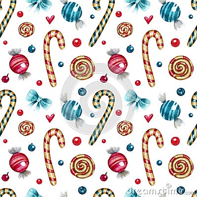 Watercolor seamless pattern with lollipops, candies and decor elements Stock Photo