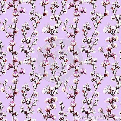 Hand drawn watercolor seamless pattern of a colorful gentle cotton twigs on a pink background. Botanical vintage Stock Photo