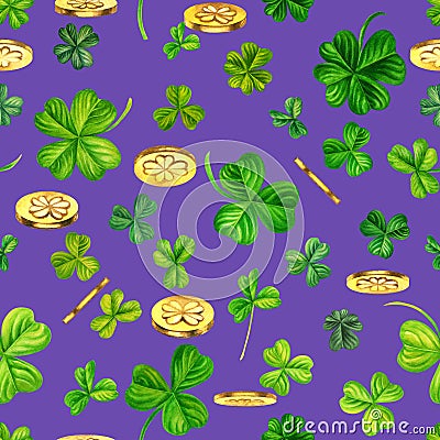 Watercolor seamless pattern with magic coins and trefoil and four-leaf clovers. Illustrations with metal and natural Stock Photo