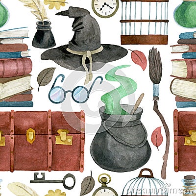 seamless pattern with magic items. witchcraft, school of wizards. Stock Photo