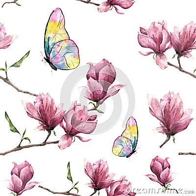 Watercolor seamless pattern with magnolia and butterfly. Hand painted floral ornament with insect object isolated on Stock Photo
