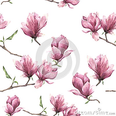 Watercolor seamless pattern with magnolia. Hand painted floral ornament isolated on white background. Pink flower for Stock Photo