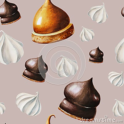 Watercolor seamless pattern with meringue, chocolate marshmallows, orange souffle. Hand painting sweet on a white Stock Photo