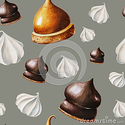 Watercolor seamless pattern with meringue, chocolate marshmallows, orange souffle. Hand painting sweet on a white Stock Photo