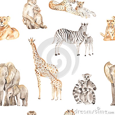 Watercolor seamless pattern mom and baby with lions, leopards, elephants, giraffes, zebras, lemurs, monkeys on a white background Stock Photo