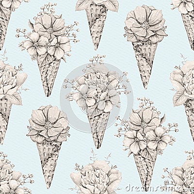 Watercolor seamless pattern with monochrome flowers in waffle cones on blue backdrop Cartoon Illustration