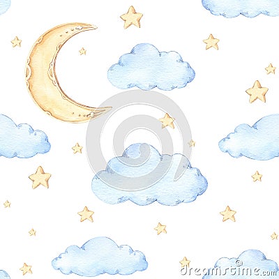 Watercolor seamless pattern - moon and stars. Ideas for a childr Stock Photo