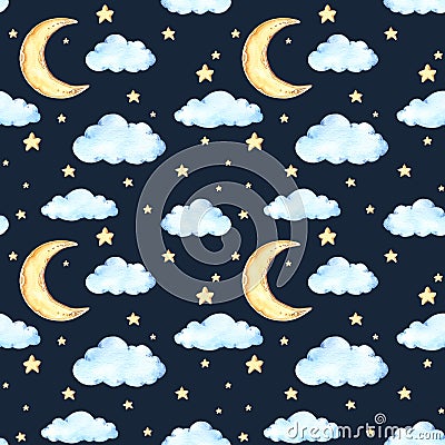 Watercolor seamless pattern - moon and stars. Ideas for a childr Stock Photo