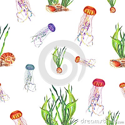Watercolor seamless pattern of motley medusa and water-plants Stock Photo