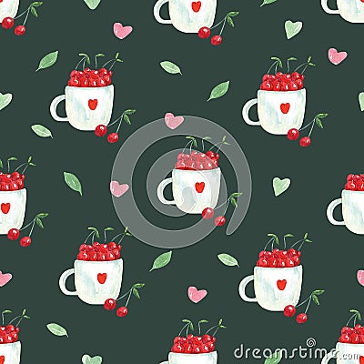 Watercolor seamless pattern with mugs full of cherry berries on dark green Stock Photo