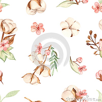 Watercolor seamless pattern with multidirectional cotton branches, leaves and cherry flowers on a white background Stock Photo