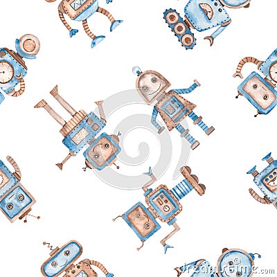 Watercolor seamless pattern with multidirectional robots Stock Photo