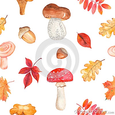Watercolor seamless pattern with mushrooms, leaves, nuts, acorns. Stock Photo