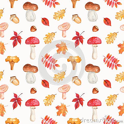 Watercolor seamless pattern with mushrooms, leaves, nuts, acorns. Stock Photo