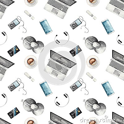 Watercolor seamless pattern with office equipment, laptop, smartphone, player, headphones on a white background Stock Photo