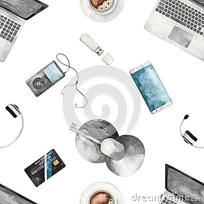 Watercolor seamless pattern with office equipment, laptop, smartphone, player, headphones Stock Photo