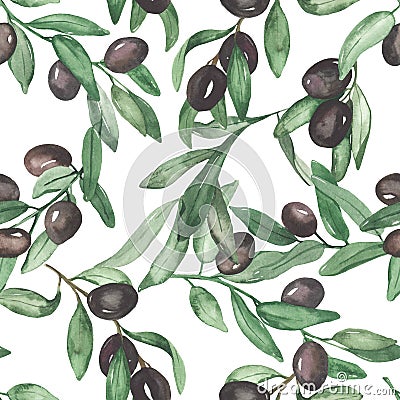 Watercolor seamless pattern with olive branches, olives, leaves, fruit tree for prints, textures, wedding Stock Photo