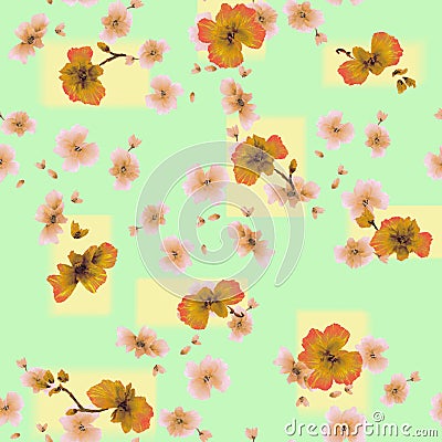 Watercolor seamless pattern orange flowers on a green-yellow background Stock Photo