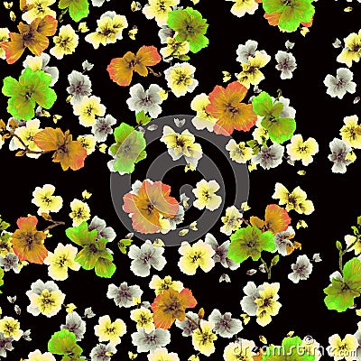 Watercolor seamless pattern orange, green, yellow flowers flowers Stock Photo