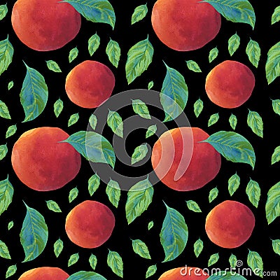 Watercolor Seamless Pattern with Orange Peaches,leaves on black isolated background doodle style.Fruits print Stock Photo