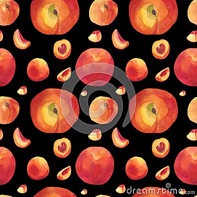 Watercolor Seamless Pattern with Orange Peaches,leaves on black isolated background doodle style.Fruits print Stock Photo