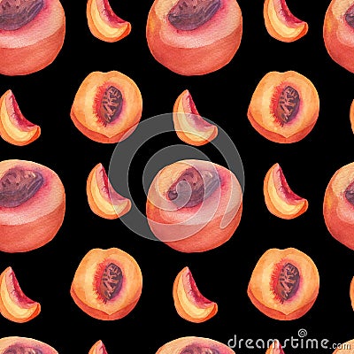 Watercolor Seamless Pattern with Orange Peaches,leaves on black isolated background doodle style.Fruits print Stock Photo