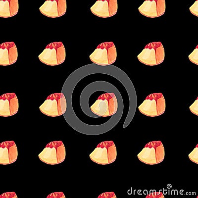 Watercolor Seamless Pattern with Orange Peaches,leaves on black isolated background doodle style.Fruits print Stock Photo