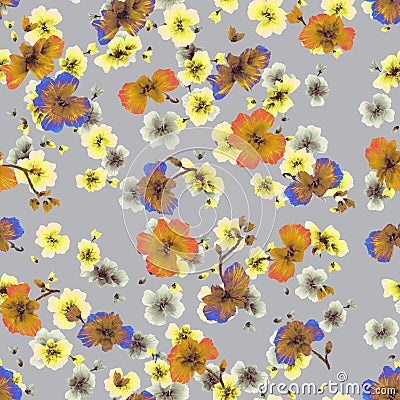 Watercolor seamless pattern orange, yellow, blue flowers on a gray background Stock Photo