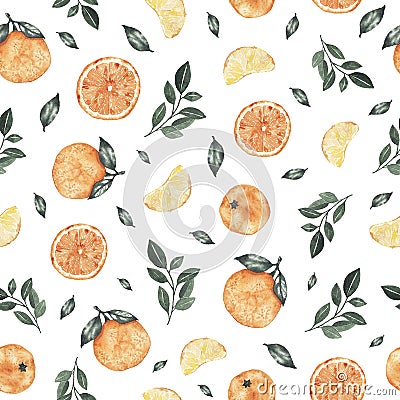 Watercolor seamless pattern with oranges tangerines citrus fruits green leaves Cartoon Illustration