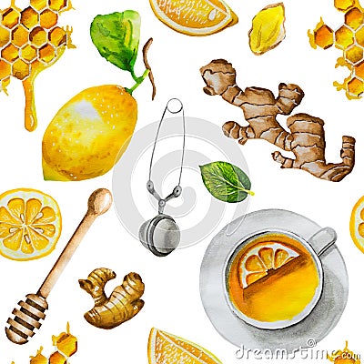 Watercolor seamless pattern of organic herbal tea. Lemon mint tea with ginger and honey. Isolated on white Stock Photo