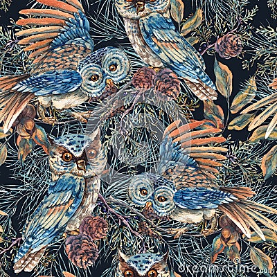 Watercolor Seamless Pattern with Owls Stock Photo