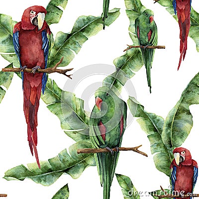 Watercolor seamless pattern with parrots and banana palm leaves. Hand painted red-and-green macaw and palm branch Stock Photo