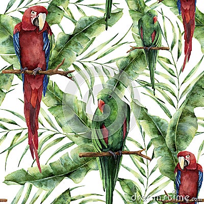 Watercolor seamless pattern with parrots, banana palm leaves and hibiscus. Hand painted red-and-green macaw, palm branch Stock Photo