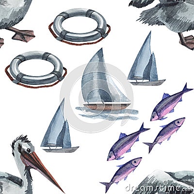 Watercolor seamless pattern with pelican, boat, lifebuoy hand drawing decorative background Stock Photo