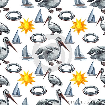 Watercolor seamless pattern with pelican, boat, lifebuoy hand drawing decorative background Stock Photo