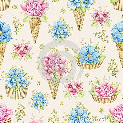 Watercolor seamless pattern with pink and blue flowers in waffle cones Cartoon Illustration