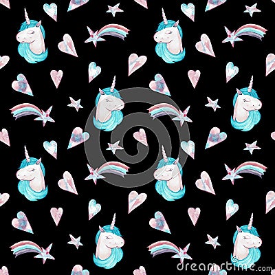 Watercolor seamless pattern with pink and blue unicorn, hearts and stars on black background. Cartoon Illustration